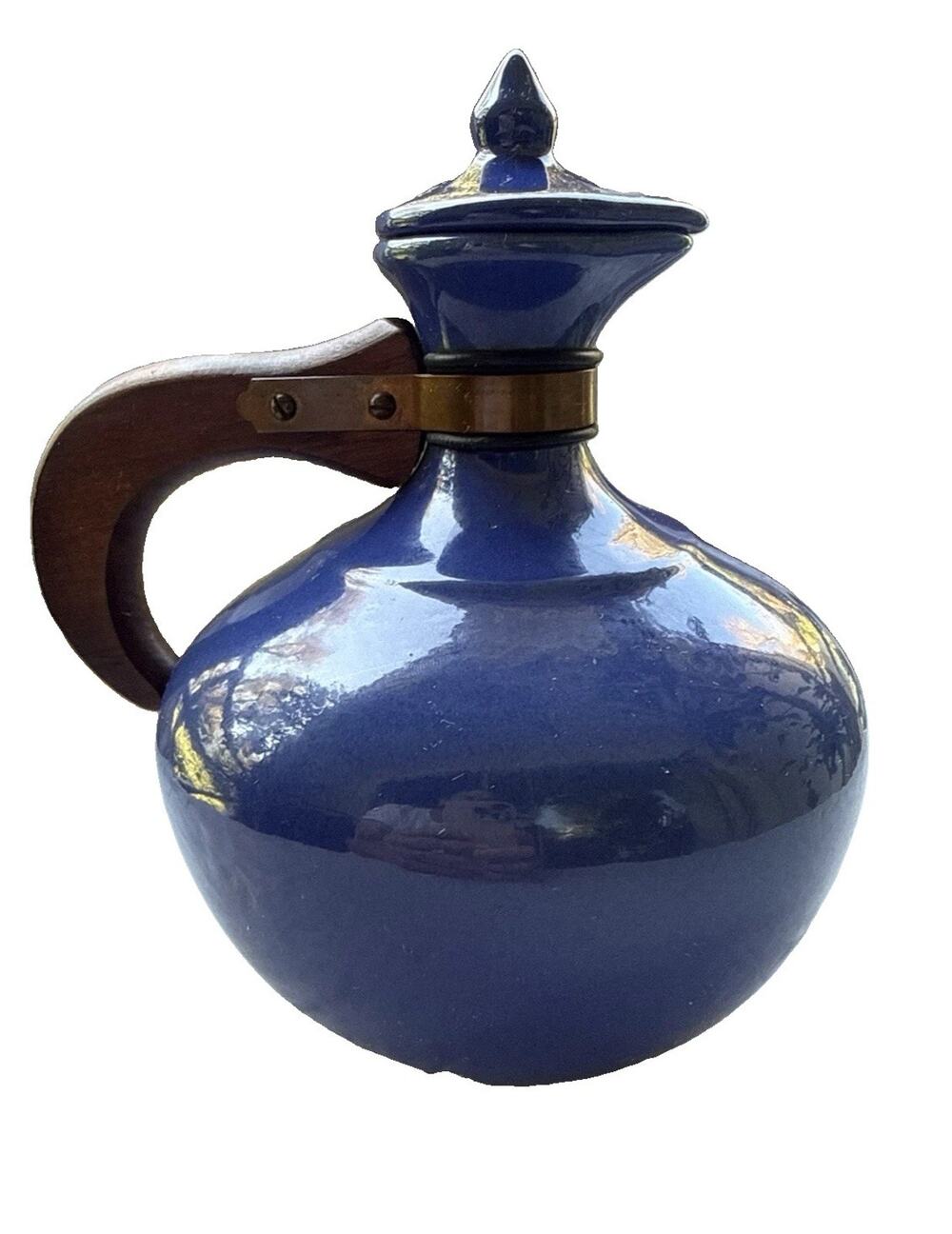 Vintage Bauer Pottery Plainware Blue Coffee Carafe Pitcher Wood Handle Lid MCM